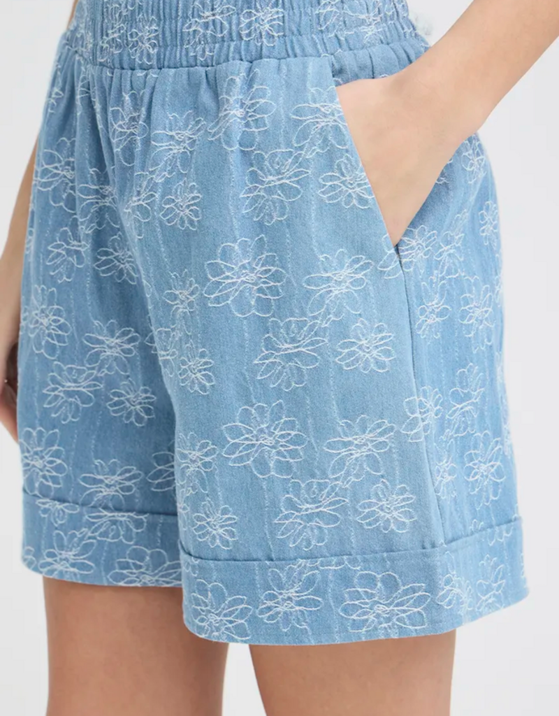 ICHI Odette 100% Cotton Embroidered Shorts in Light Blue