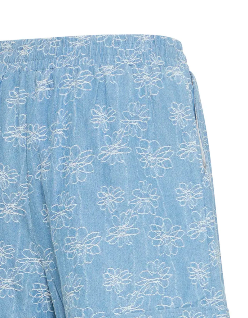 ICHI Odette 100% Cotton Embroidered Shorts in Light Blue