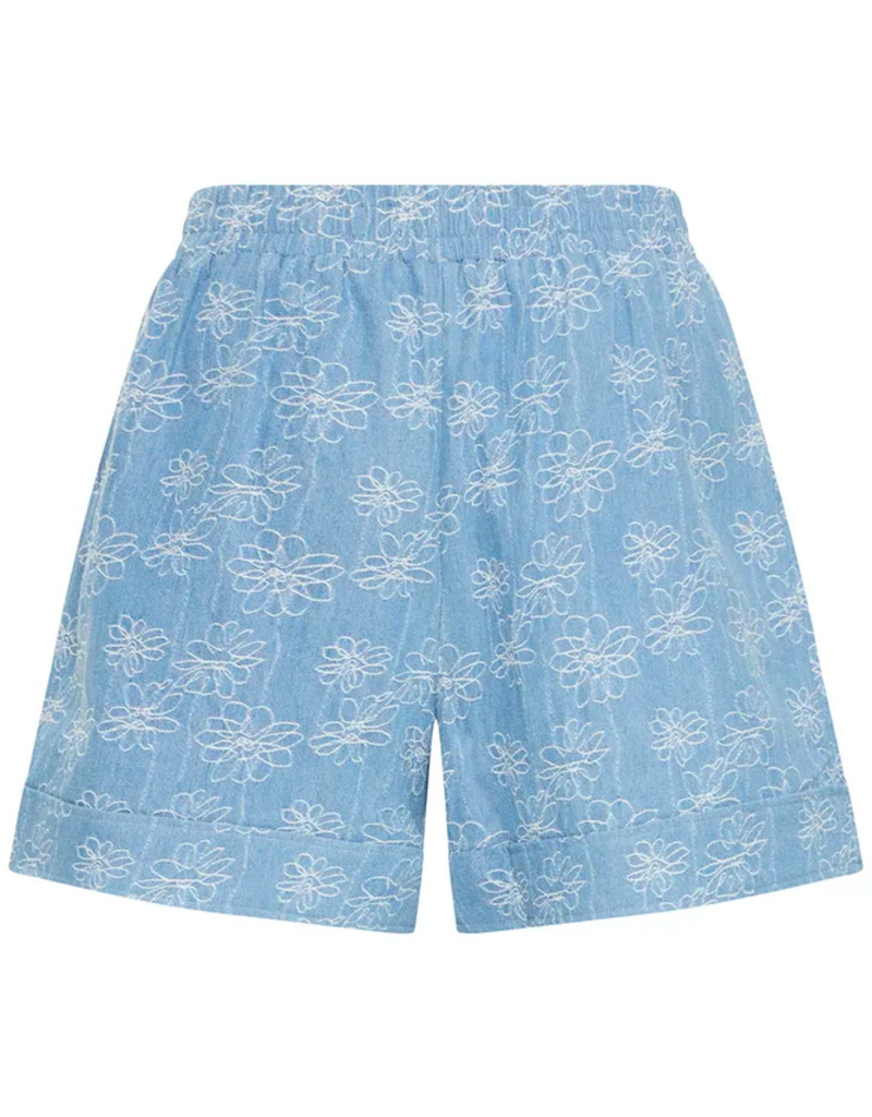 ICHI Odette 100% Cotton Embroidered Shorts in Light Blue