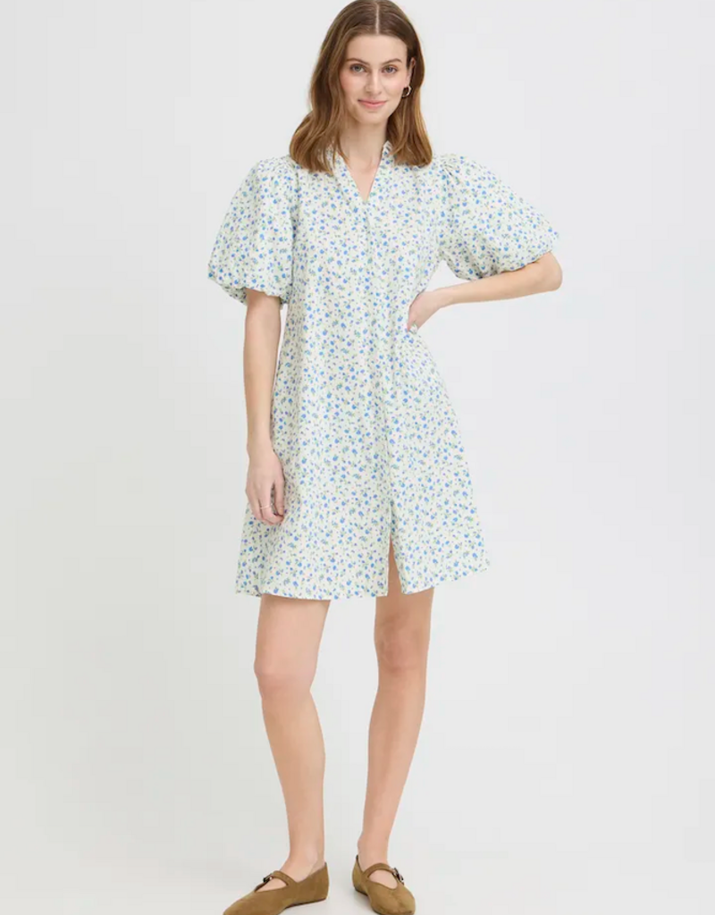 ICHI Qwin 100% Cotton Dress in Cloud Dancer/Blue Floral