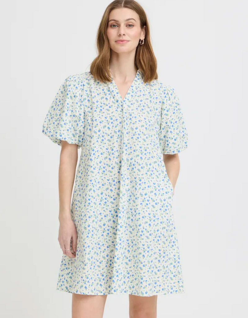 ICHI Qwin 100% Cotton Dress in Cloud Dancer/Blue Floral