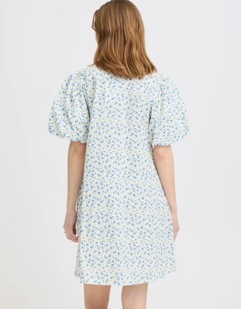ICHI Qwin 100% Cotton Dress in Cloud Dancer/Blue Floral