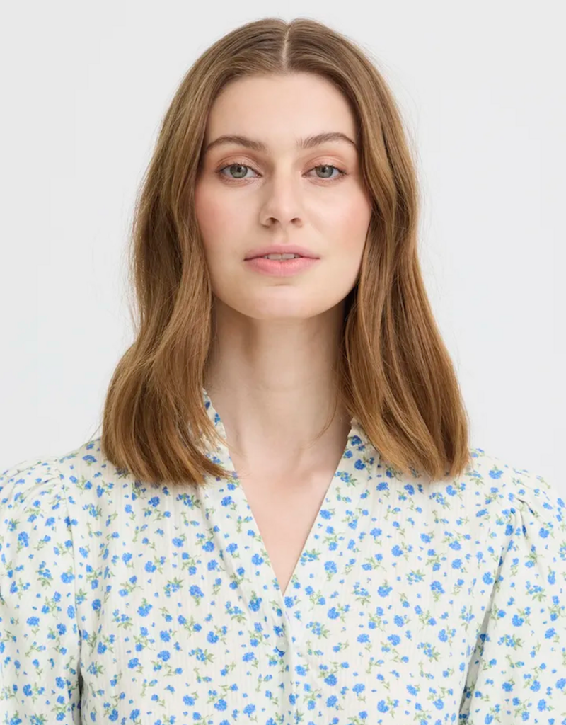 ICHI Qwin 100% Cotton Dress in Cloud Dancer/Blue Floral