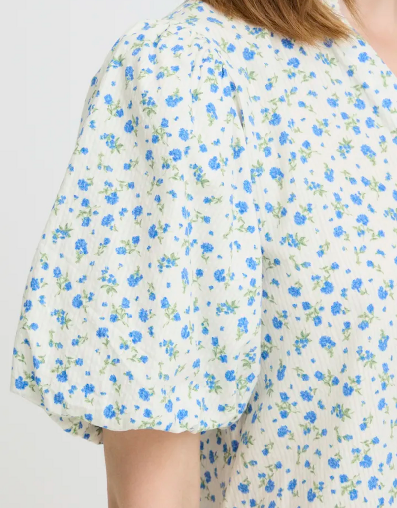 ICHI Qwin 100% Cotton Dress in Cloud Dancer/Blue Floral