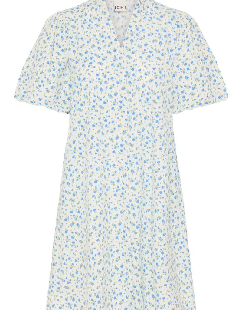 ICHI Qwin 100% Cotton Dress in Cloud Dancer/Blue Floral