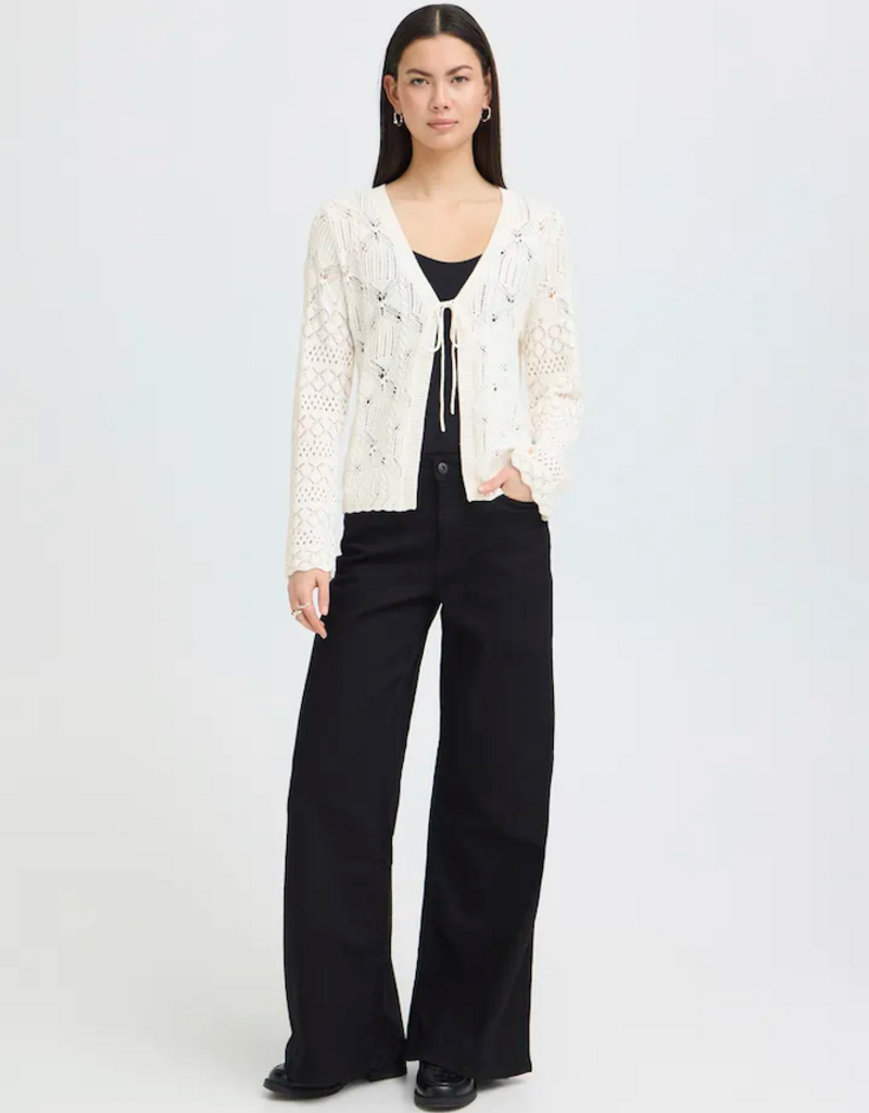ICHI Laluha Tie Cardigan With Pointelle Detail in Birch