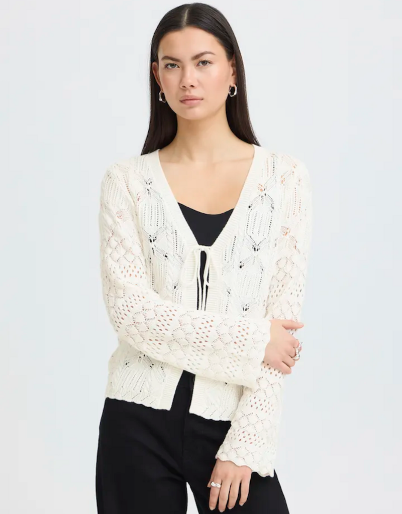 ICHI Laluha Tie Cardigan With Pointelle Detail in Birch