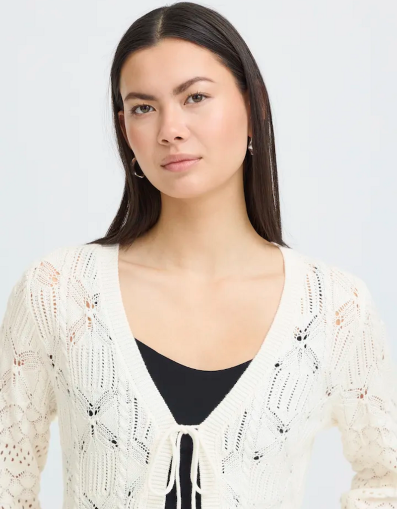 ICHI Laluha Tie Cardigan With Pointelle Detail in Birch