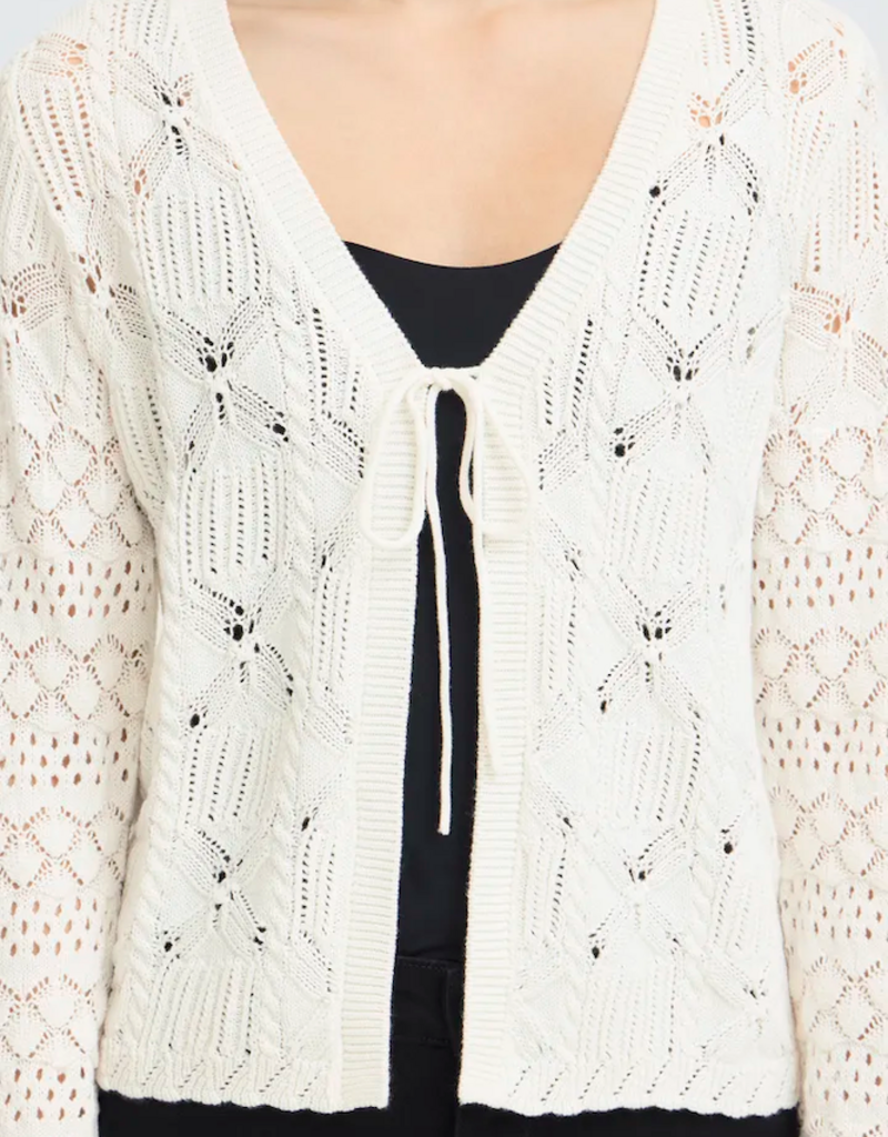 ICHI Laluha Tie Cardigan With Pointelle Detail in Birch