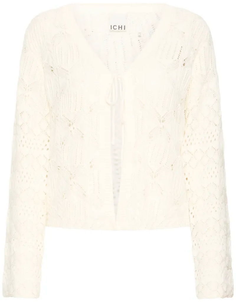 ICHI Laluha Tie Cardigan With Pointelle Detail in Birch