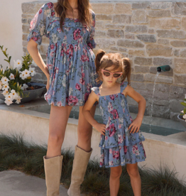 Saltwater Luxe Kids Raynbow Mini Dress in Dusty Blue Floral