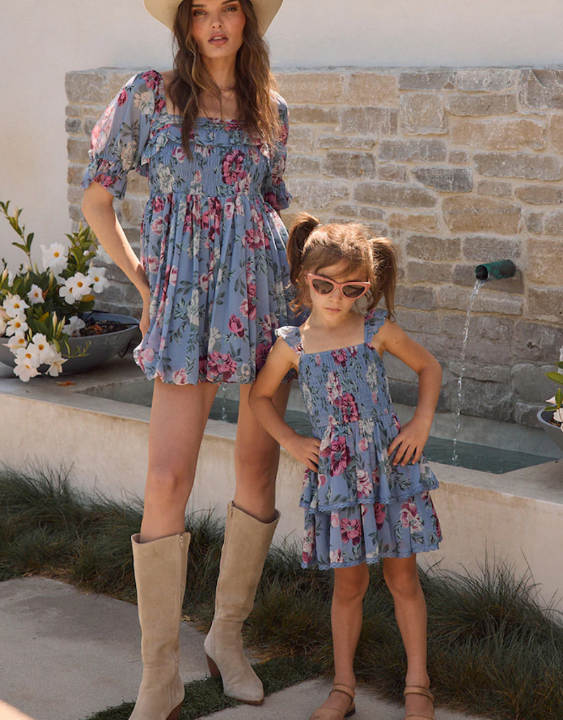 Saltwater Luxe Kids Raynbow Mini Dress in Dusty Blue Floral