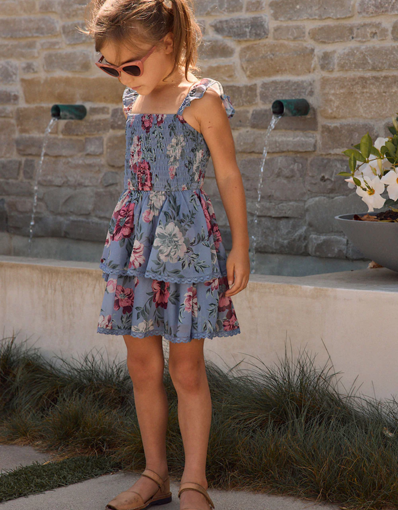 Saltwater Luxe Kids Raynbow Mini Dress in Dusty Blue Floral