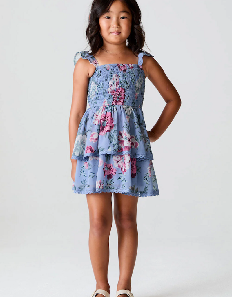Saltwater Luxe Kids Raynbow Mini Dress in Dusty Blue Floral