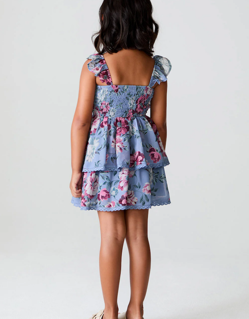 Saltwater Luxe Kids Raynbow Mini Dress in Dusty Blue Floral