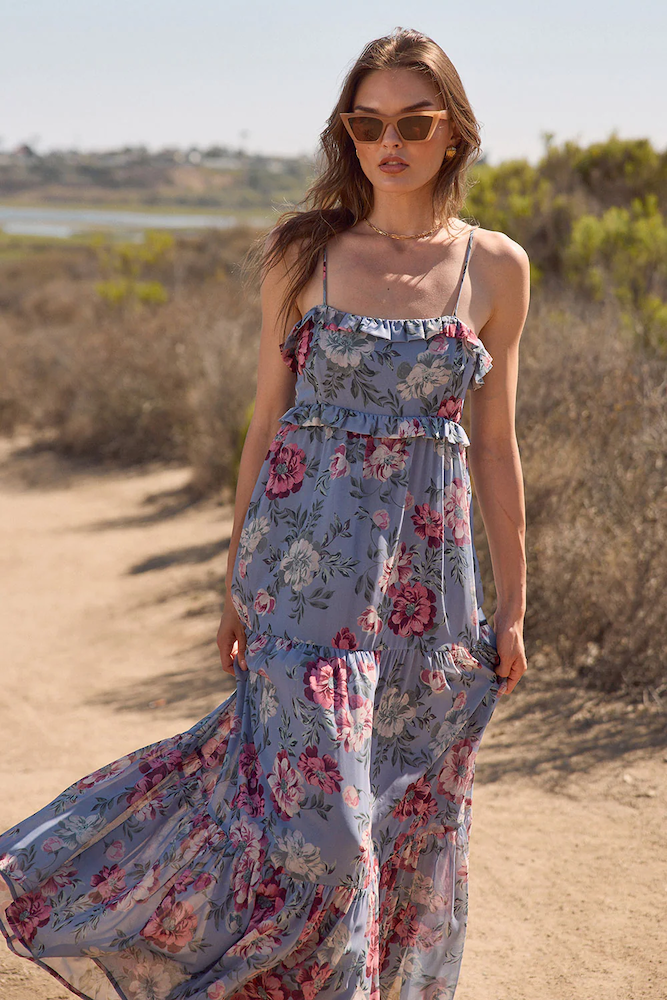 Oaklee Maxi Dress in Dusty Blue Floral - Adorn Boutique