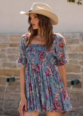 Saltwater Luxe Ventura Mini Dress in Dusty Blue Floral
