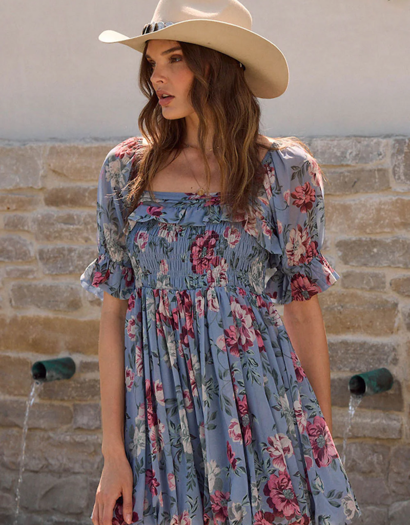 Saltwater Luxe Ventura Mini Dress in Dusty Blue Floral