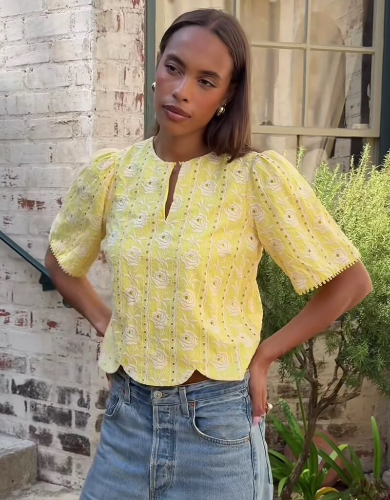 Adelyn Rae Eleanor Scallop Floral Embroidery Top in Light Yellow