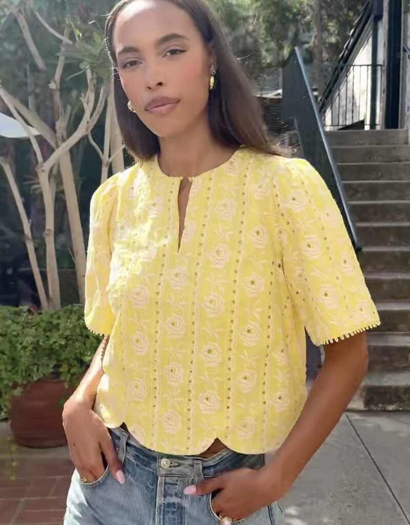 Adelyn Rae Eleanor Scallop Floral Embroidery Top in Light Yellow