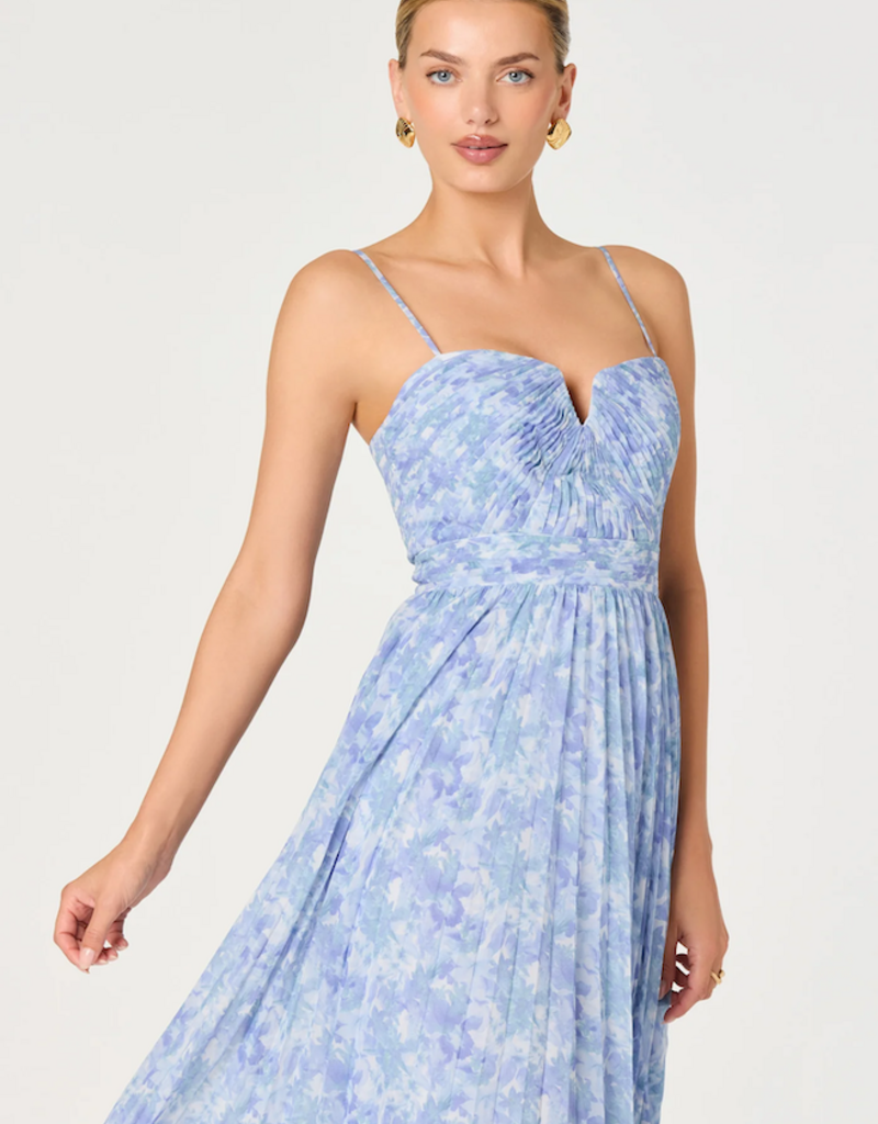 ASTR Bayley Floral Pleated Midi Dress in Blue