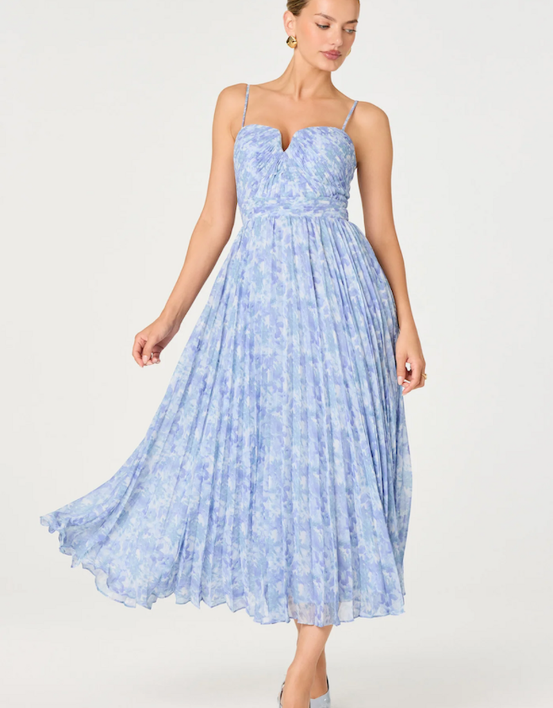 ASTR Bayley Floral Pleated Midi Dress in Blue
