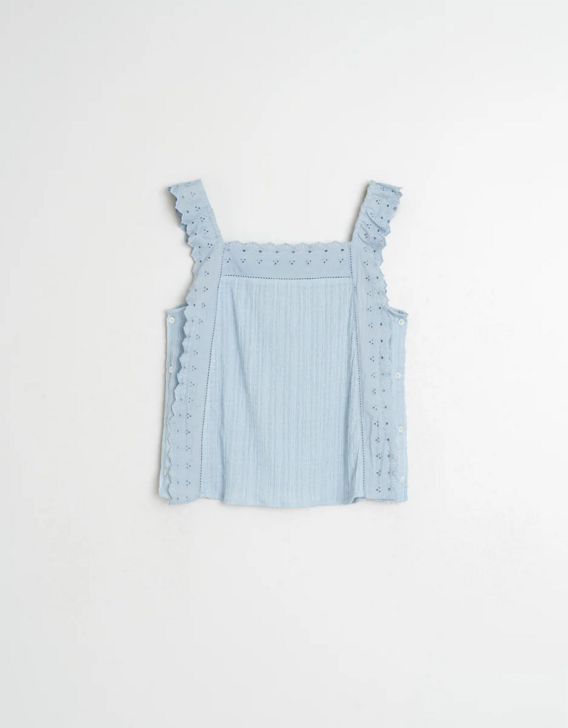 Indi and Cold Lindley Strappy Eyelet Embroidered Top in Sky