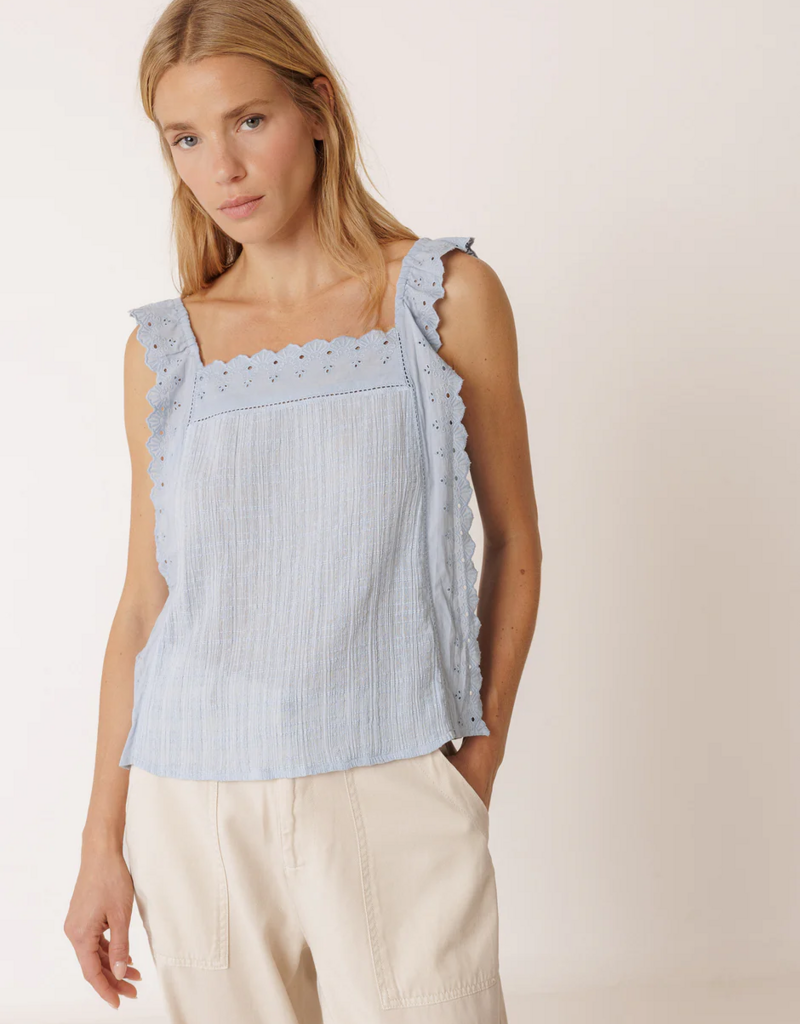 Indi and Cold Lindley Strappy Eyelet Embroidered Top in Sky