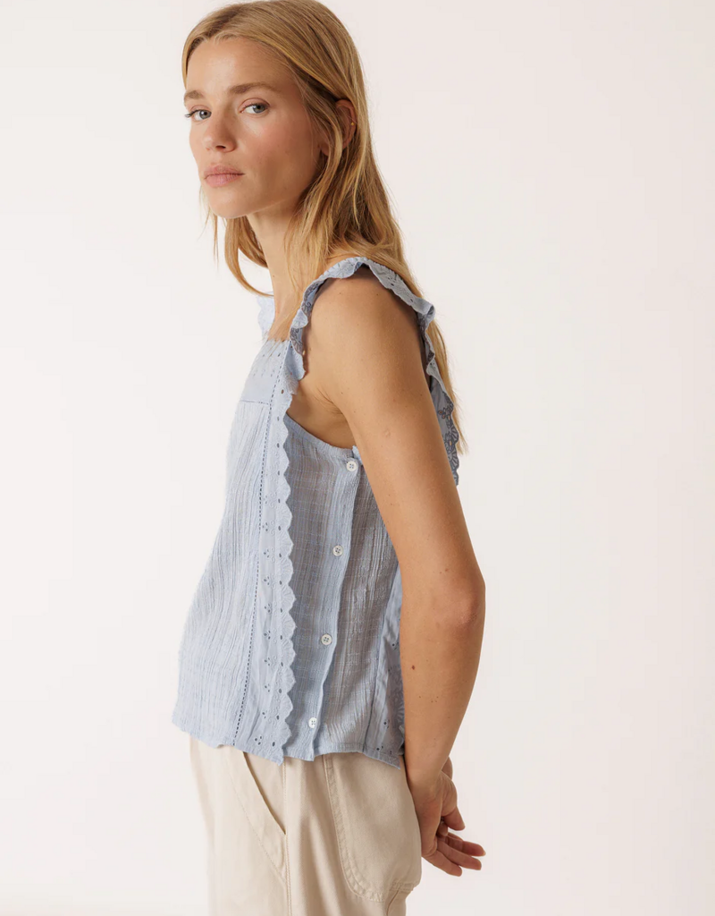Indi and Cold Lindley Strappy Eyelet Embroidered Top in Sky