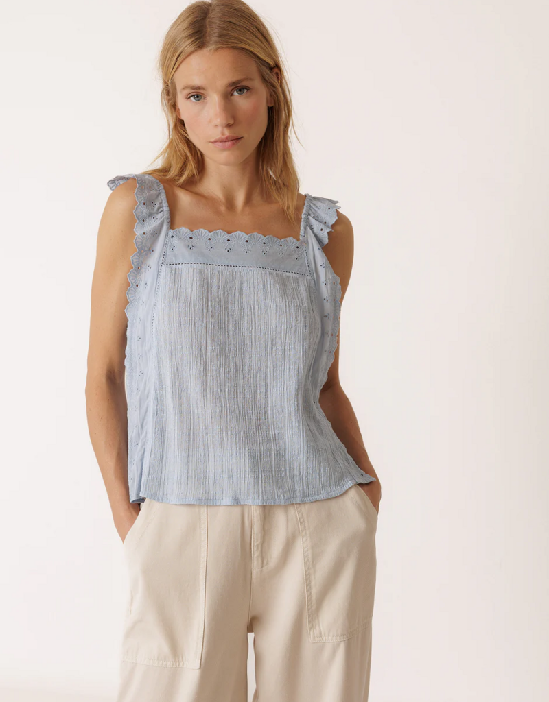 Indi and Cold Lindley Strappy Eyelet Embroidered Top in Sky