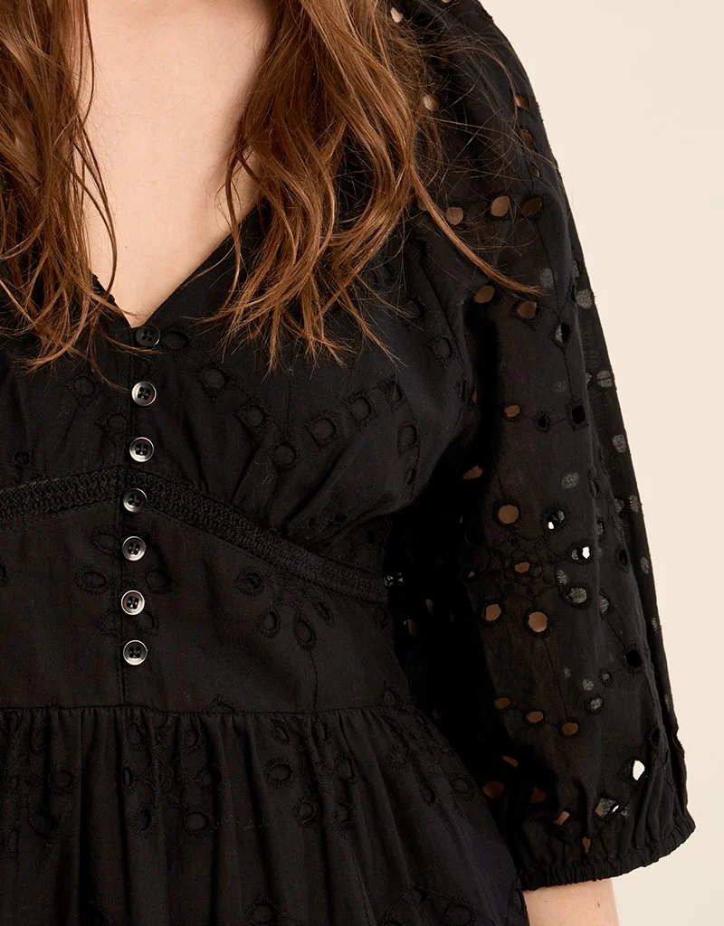 Molly Bracken Chappell Cotton Open Work Embroidered Dress in Black