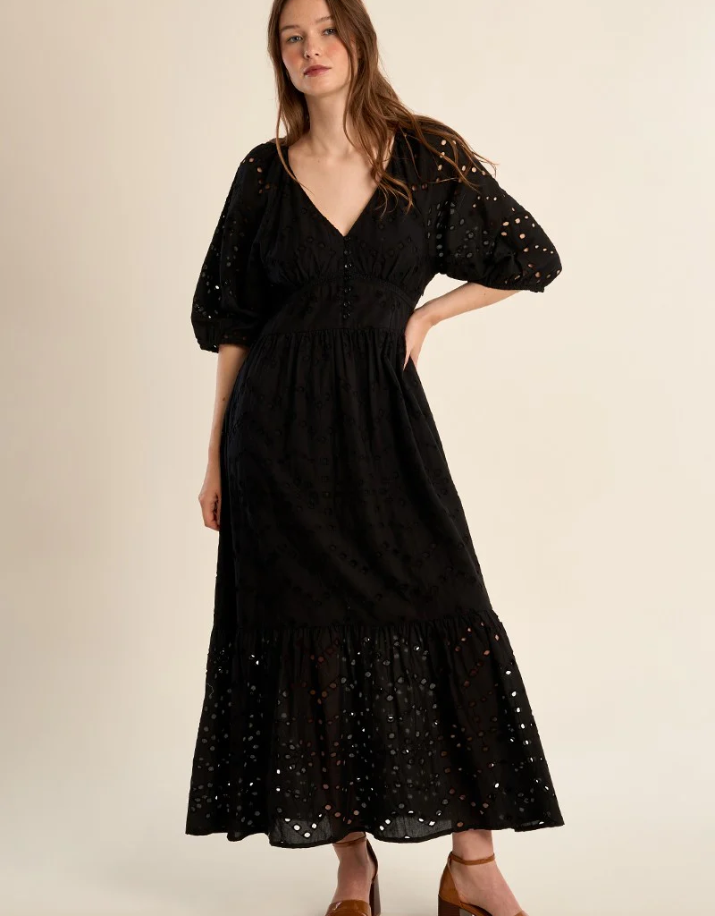 Molly Bracken Chappell Cotton Open Work Embroidered Dress in Black