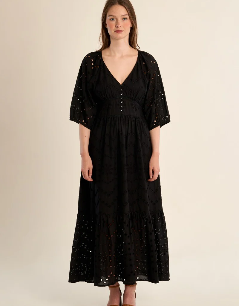 Molly Bracken Chappell Cotton Open Work Embroidered Dress in Black