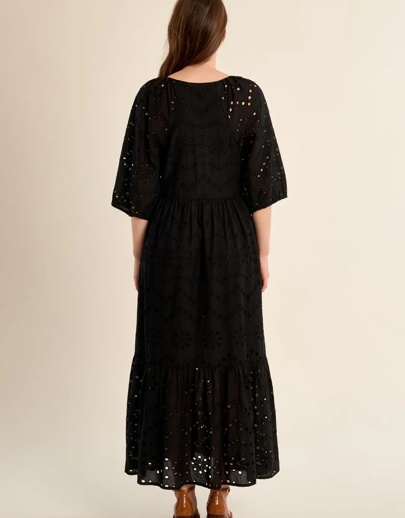 Molly Bracken Chappell Cotton Open Work Embroidered Dress in Black