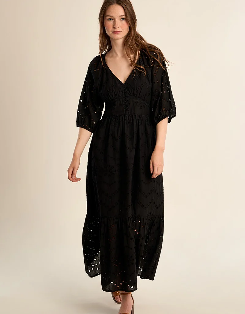Molly Bracken Chappell Cotton Open Work Embroidered Dress in Black