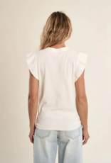 Molly Bracken Shelly Knit Top with Flutter Sleeve in White