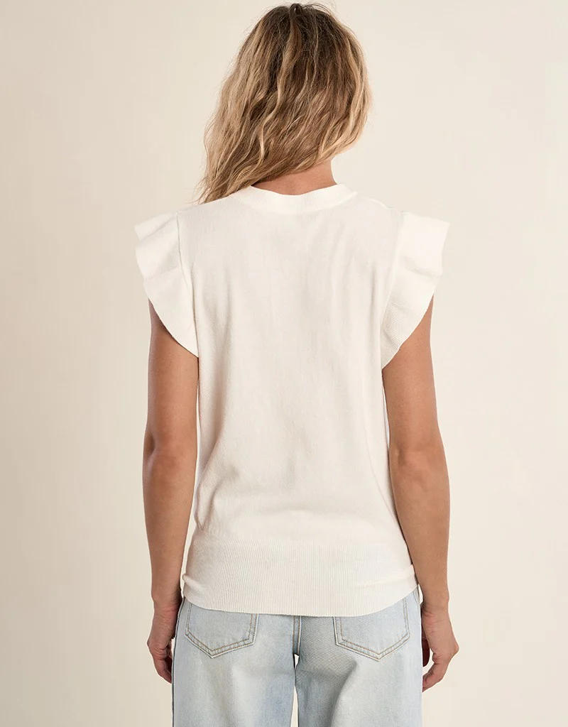 Molly Bracken Shelly Knit Top with Flutter Sleeve in White