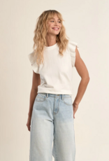 Molly Bracken Shelly Knit Top with Flutter Sleeve in White