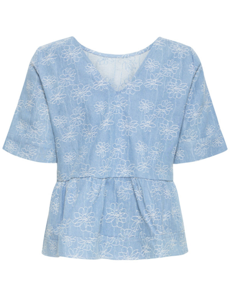 ICHI Odette 100% Cotton Embroidered Blouse in Light Blue