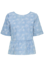 ICHI Odette 100% Cotton Embroidered Blouse in Light Blue