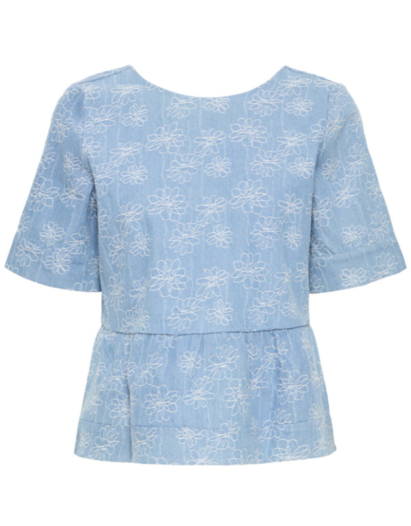 ICHI Odette 100% Cotton Embroidered Blouse in Light Blue