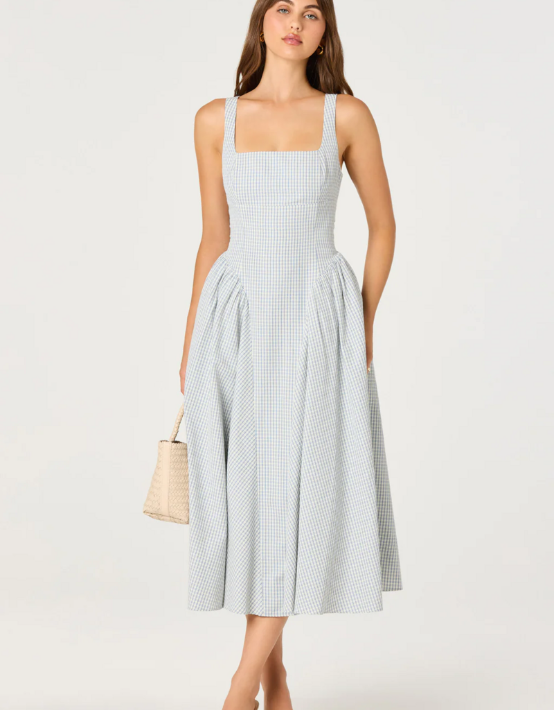 ASTR Vinya Plaid Bow-Back Midi Dress in Blue Plaid