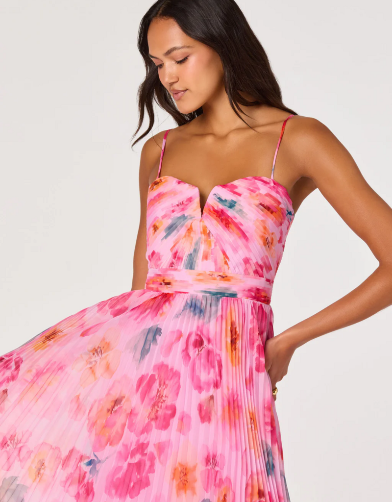 ASTR Bayley Floral Pleated Midi Dress in Pink Multi Floral