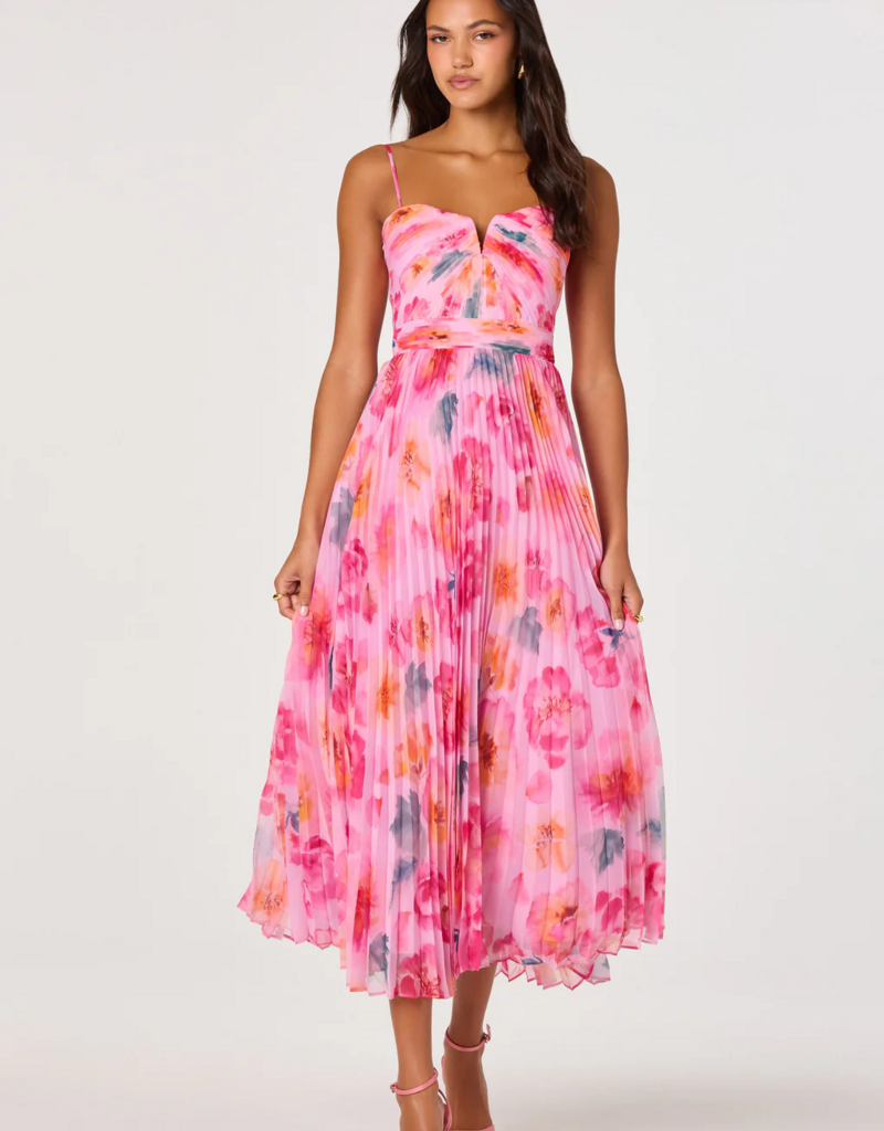 ASTR Bayley Floral Pleated Midi Dress in Pink Multi Floral