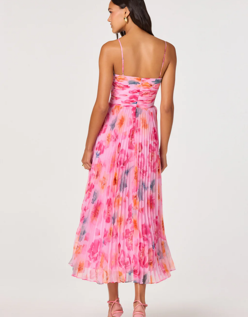 ASTR Bayley Floral Pleated Midi Dress in Pink Multi Floral