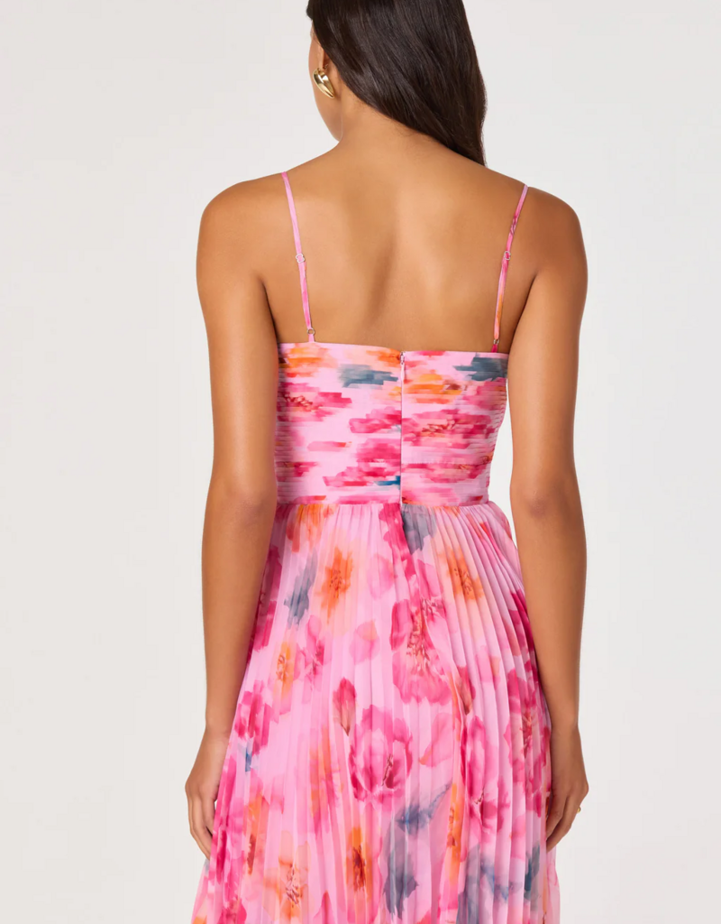 ASTR Bayley Floral Pleated Midi Dress in Pink Multi Floral