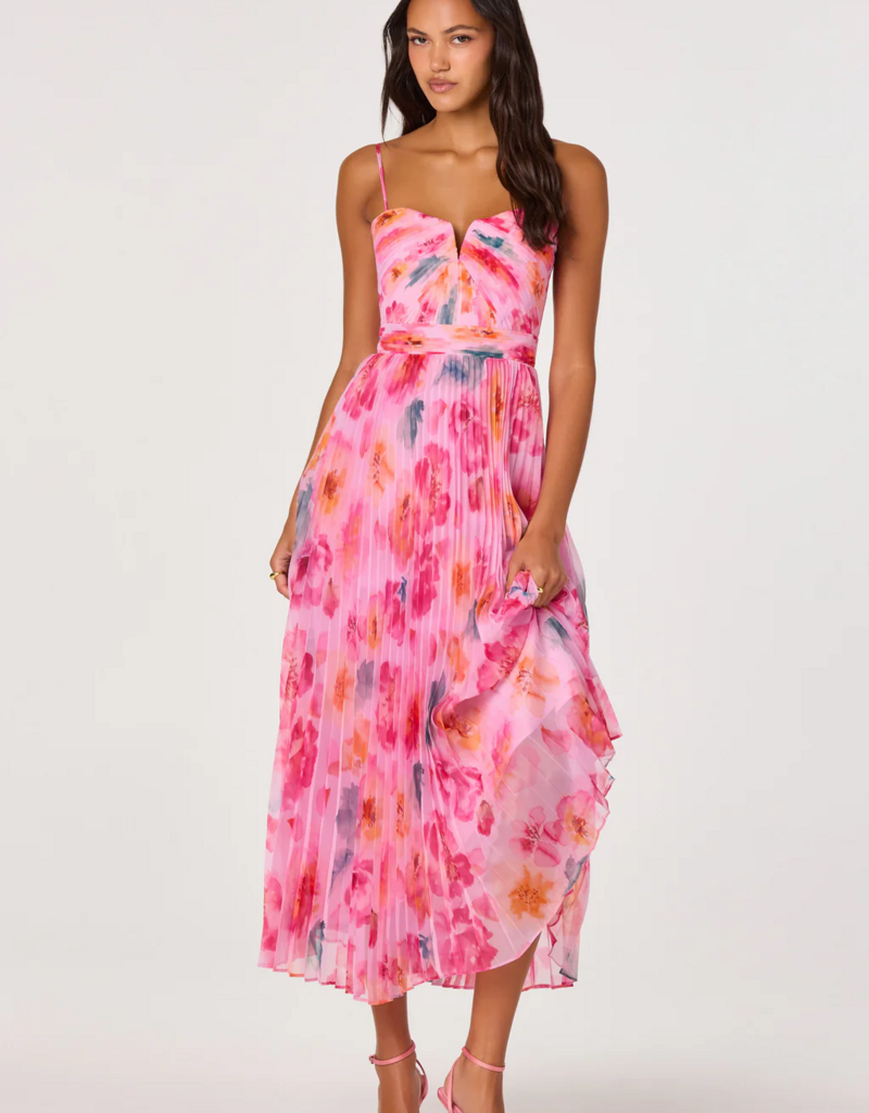 ASTR Bayley Floral Pleated Midi Dress in Pink Multi Floral