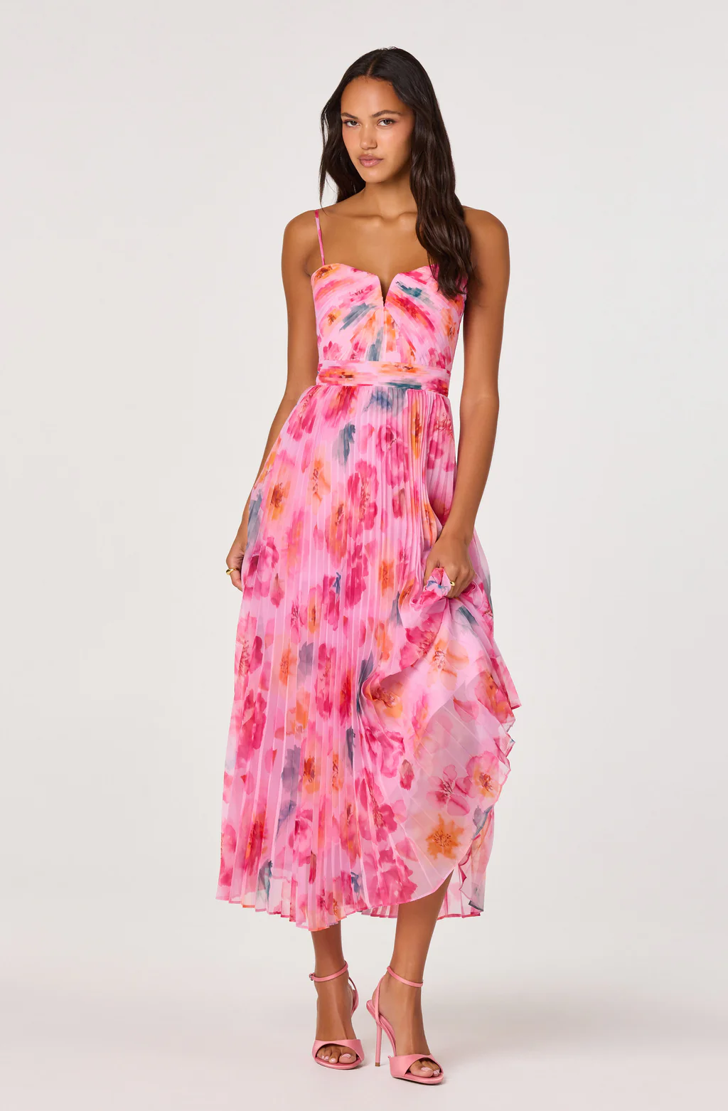 Bayley Floral Pleated Midi Dress in Pink Multi Floral - Adorn Boutique