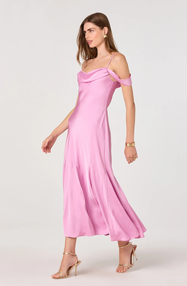Araxie Satin Midi Dress in Pink - Adorn Boutique