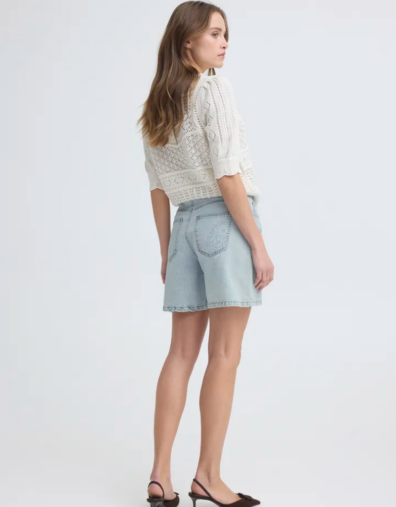 B.Young Kielo Embroidered Denim Shorts in Light Blue Denim